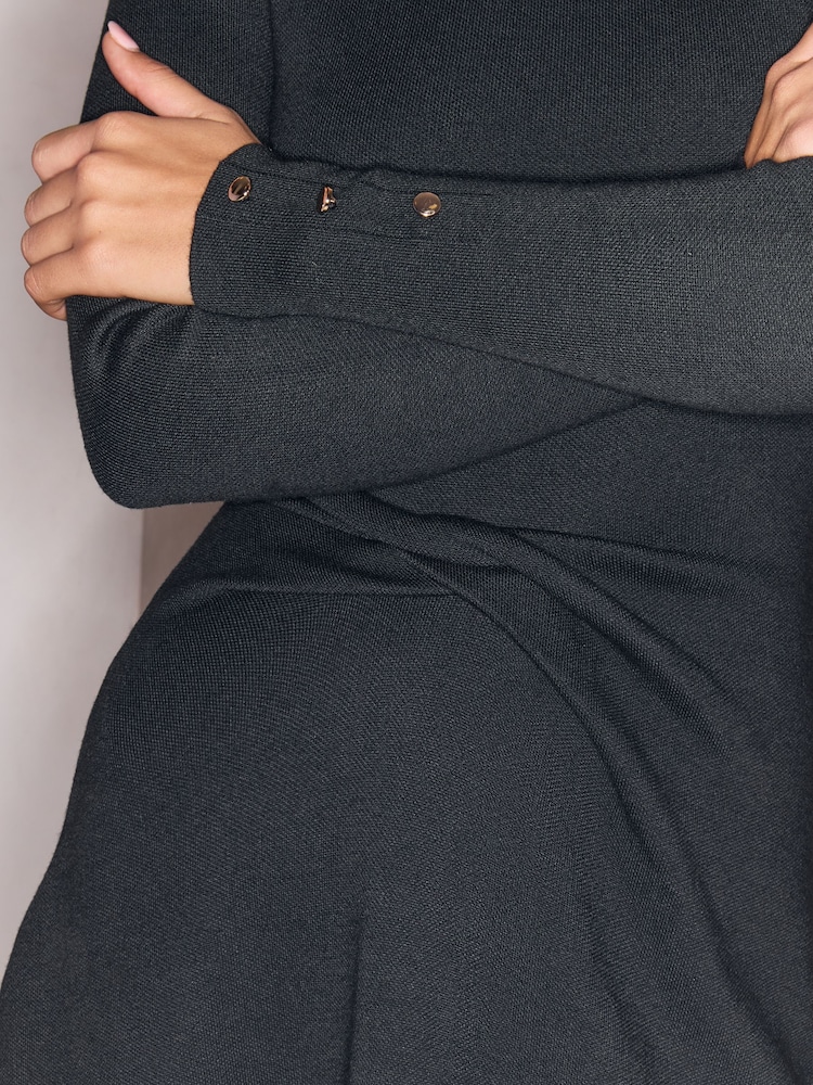Lipsy Black Knitted Knot Side Detail High Neck Mini Dress - Image 2 of 5