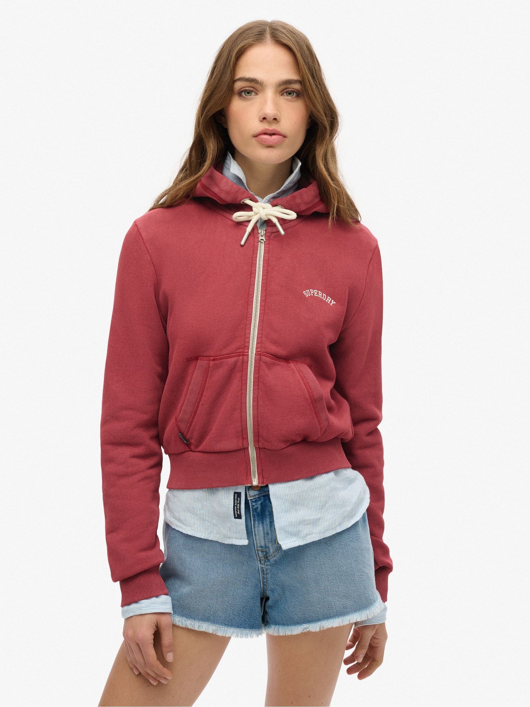 Superdry Women's Red Cropped Zip-Up Hoodie With Logo Essential - Image 2