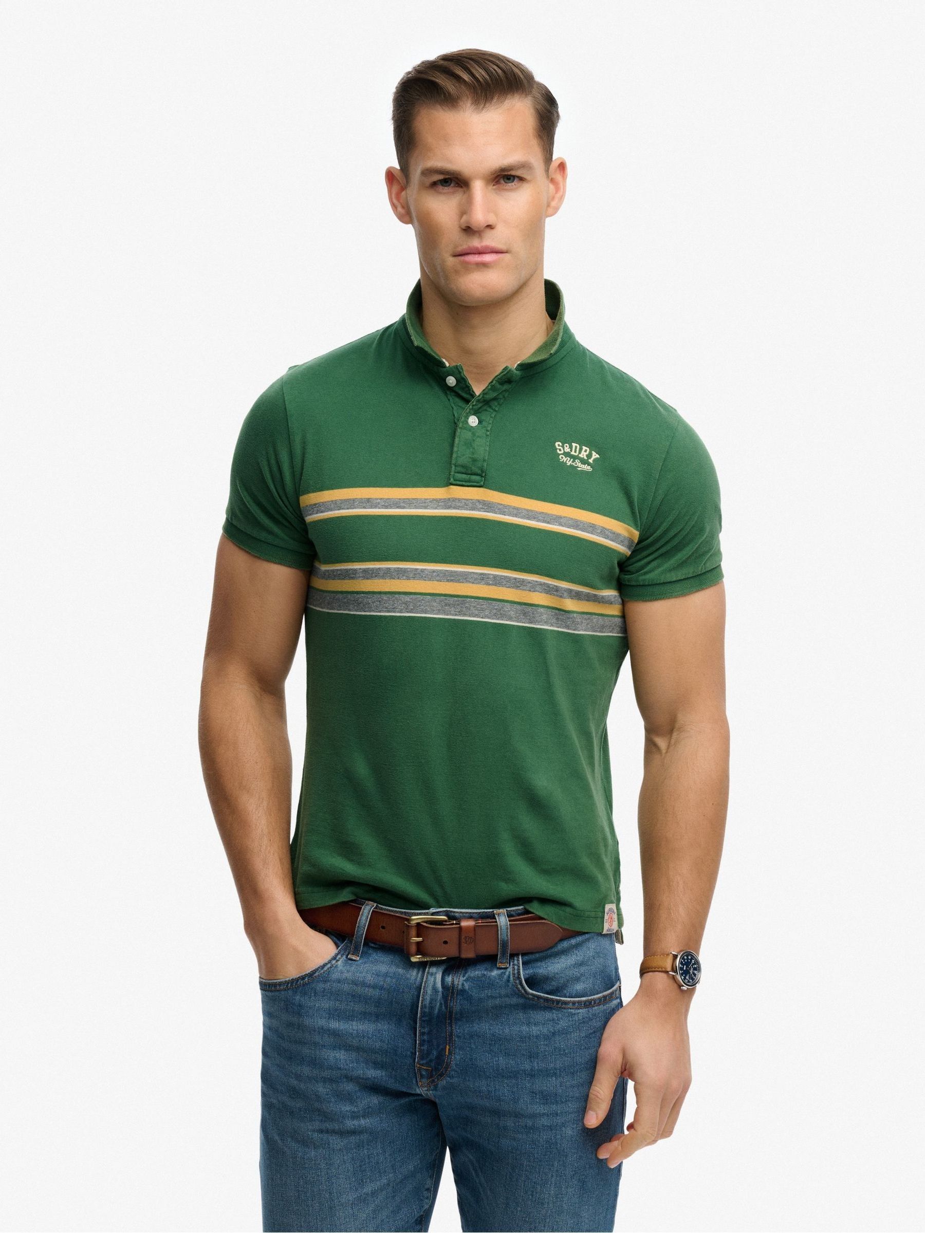 Superdry Green Striped Polo Shirt Vintage - Image 2