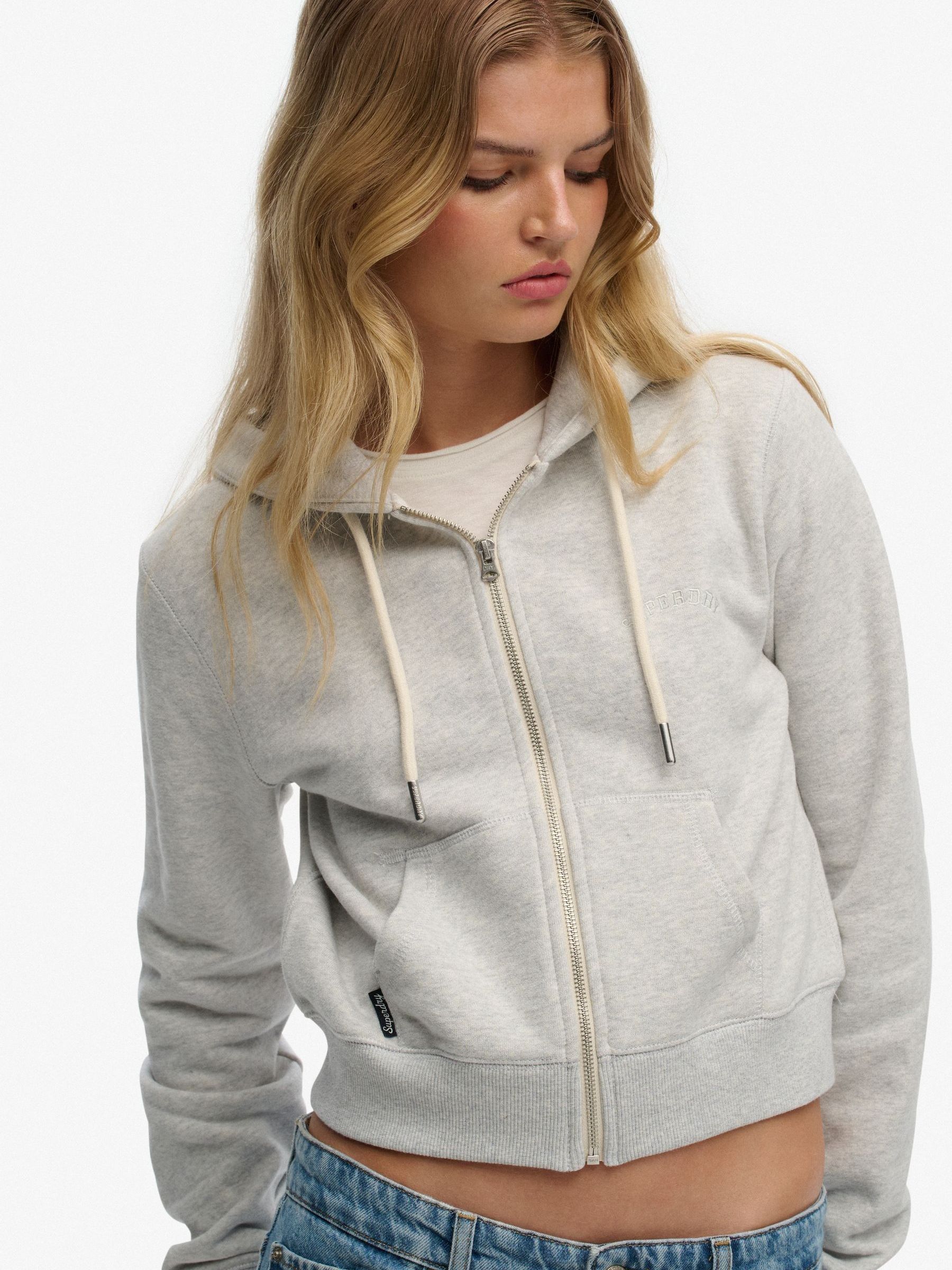 Buy Superdry Grey Essential Logo Cropped Full Zip Hoodie from Next