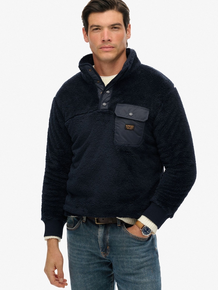 Superdry Blue Fuji Popper Neck Fleece - Image 1 of 6 Superdry Blue Fuji Popper Neck Fleece - Image 1 of 6