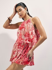 River Island Red Floral Printed Embellished Playsuit - Image 1 of 4