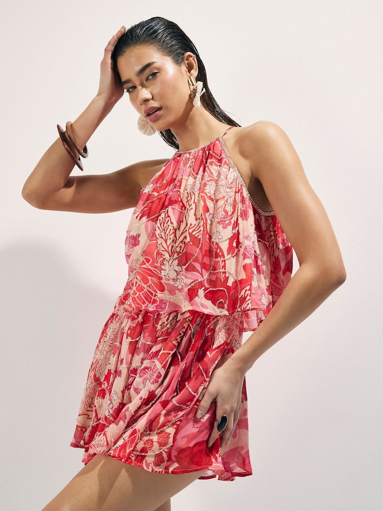 River Island Red Floral Printed Embellished Playsuit - Image 1 of 4