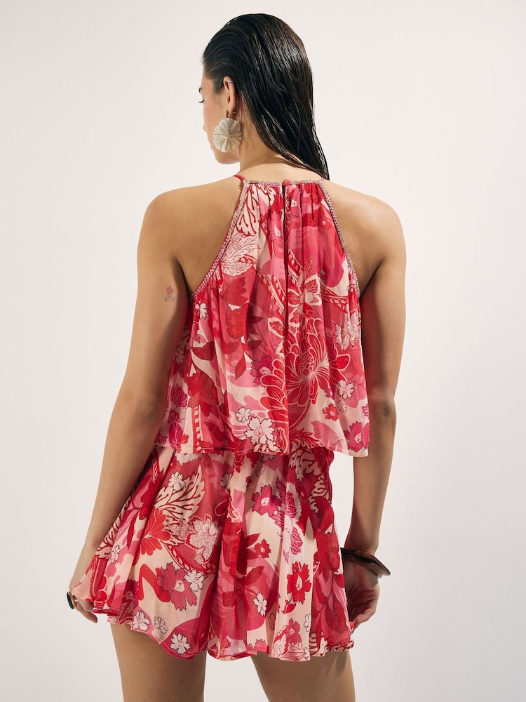 River Island Red Floral Printed Embellished Playsuit - Image 2 of 4