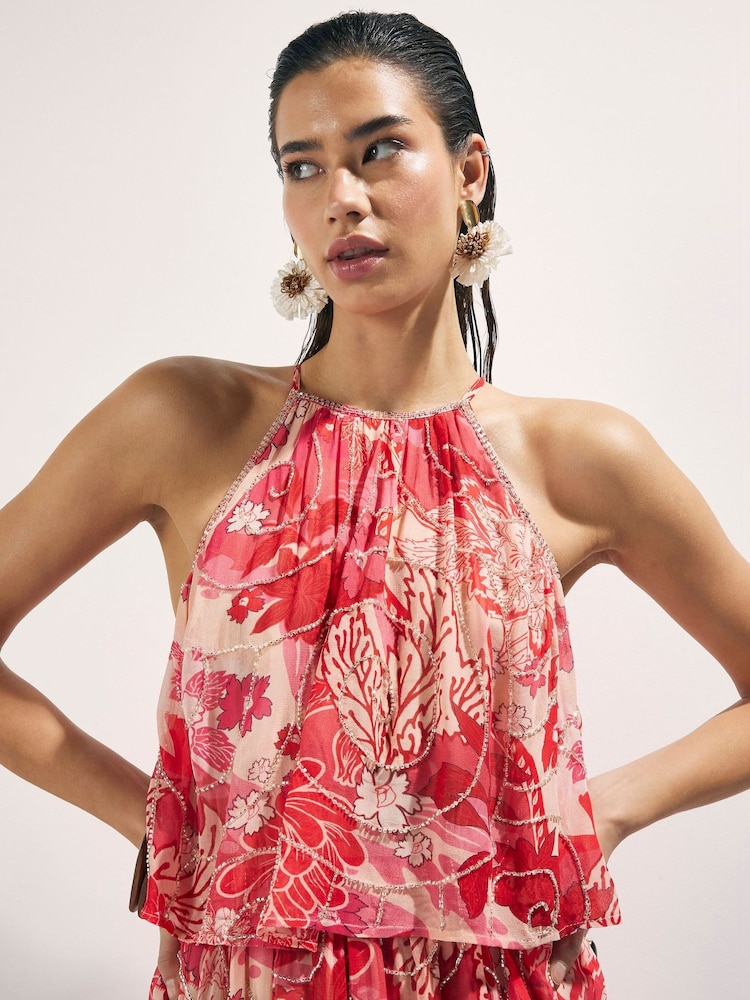 River Island Red Floral Printed Embellished Playsuit - Image 4 of 4