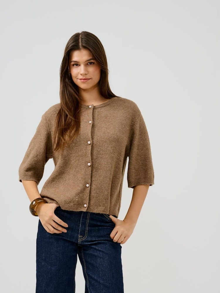 JDY Brown Short Sleeve Pearl Button Cardigan - Image 1 of 3
