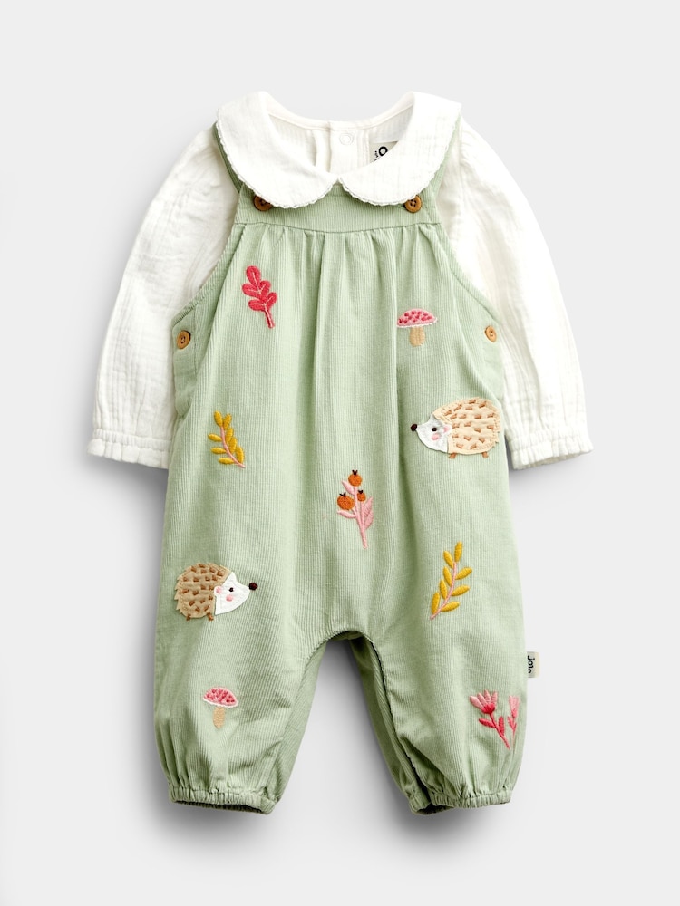 JoJo Maman Bébé Sage Green Woodland Dungaree & Bodysuit Set - Image 1 of 7