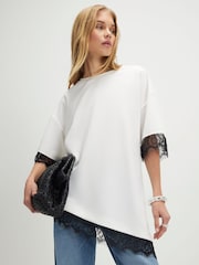 River Island Cream Short Sleeve Lace Trim Asymmetric T-Shirt - Image 1 of 4