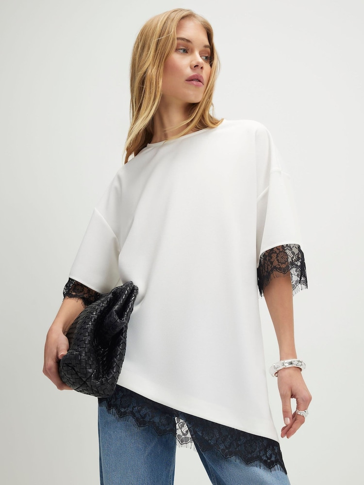 River Island Cream Short Sleeve Lace Trim Asymmetric T-Shirt - Image 1 of 4