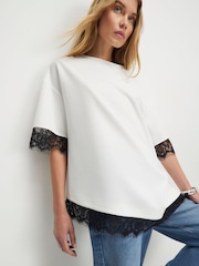 River Island Cream Short Sleeve Lace Trim Asymmetric T-Shirt - Image 3 of 4