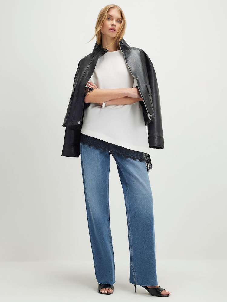 River Island Cream Short Sleeve Lace Trim Asymmetric T-Shirt - Image 4 of 4