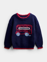 JoJo Maman Bébé Navy Blue London Bus Embroidered Knitted Jumper - Image 1 of 4