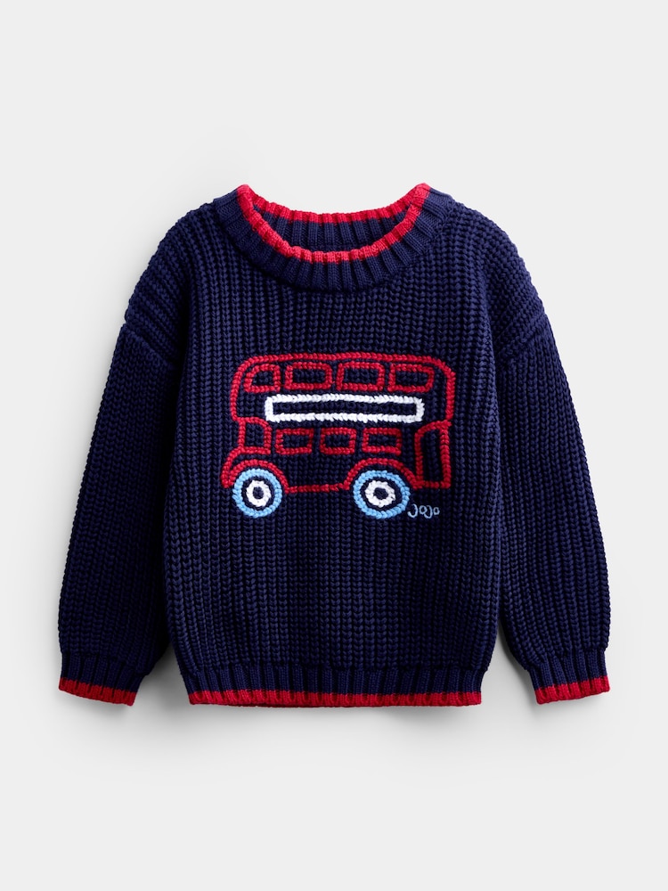 JoJo Maman Bébé Navy Blue London Bus Embroidered Knitted Jumper - Image 1 of 4 JoJo Maman Bébé Navy Blue London Bus Embroidered Knitted Jumper - Image 1 of 4