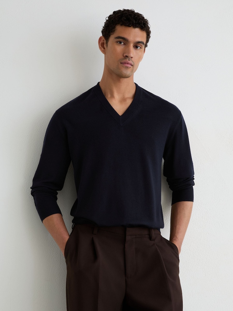 Reiss Navy Earlsfield Merino Wool V-Neck Jumper - Image 1 of 6 Reiss Navy Earlsfield Merino Wool V-Neck Jumper - Image 1 of 6