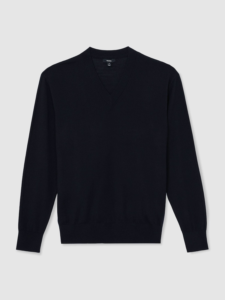 Reiss Navy Earlsfield Merino Wool V-Neck Jumper - Image 2 of 6 Reiss Navy Earlsfield Merino Wool V-Neck Jumper - Image 2 of 6