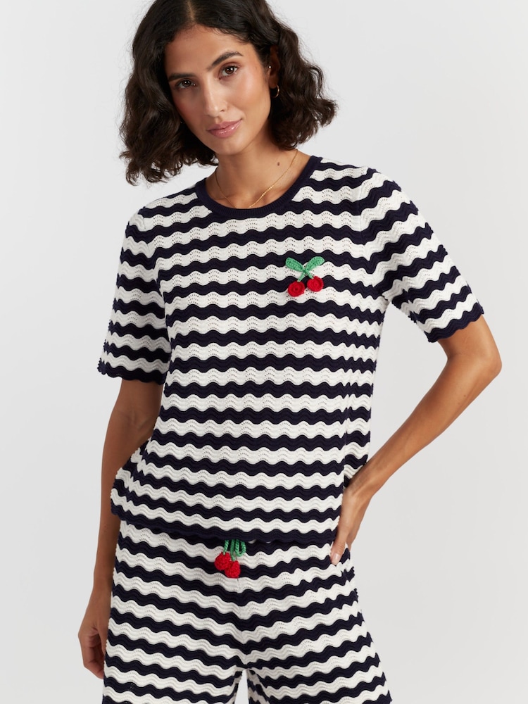 Chinti & Parker Blue Cotton Cherry Crochet T-Shirt - Image 1 of 5