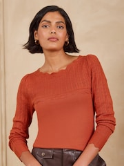Love & Roses Orange Scalloped Slash Neck Long Sleeve Knitted Top - Image 1 of 5