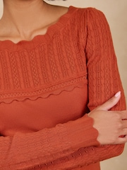 Love & Roses Orange Scalloped Slash Neck Long Sleeve Knitted Top - Image 2 of 5