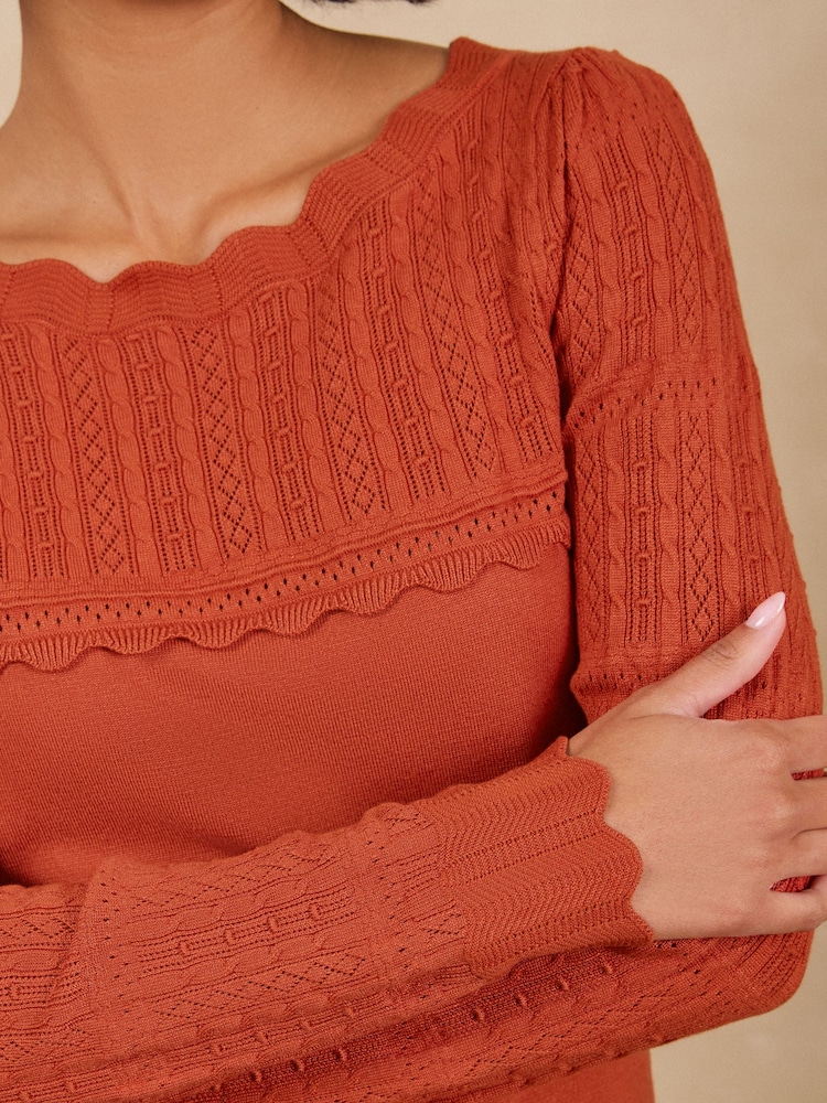 Love & Roses Orange Scalloped Slash Neck Long Sleeve Knitted Top - Image 2 of 5