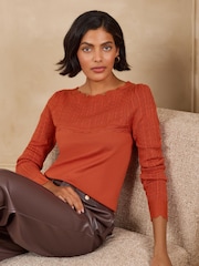 Love & Roses Orange Scalloped Slash Neck Long Sleeve Knitted Top - Image 3 of 5