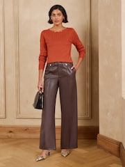 Love & Roses Orange Scalloped Slash Neck Long Sleeve Knitted Top - Image 4 of 5