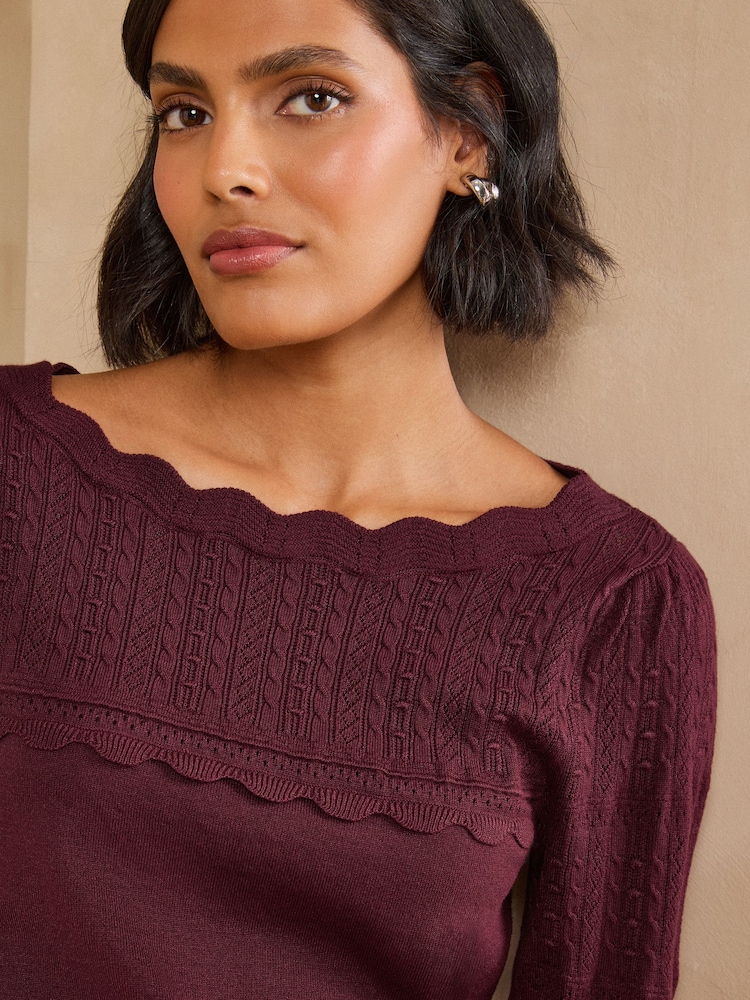 Burgunderrot - Love & Roses Scalloped Boat Neck Long Sleeve Knitted Jumper - Bild 2 von 5