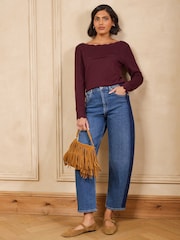 Burgunderrot - Love & Roses Scalloped Boat Neck Long Sleeve Knitted Jumper - Bild 3 von 5
