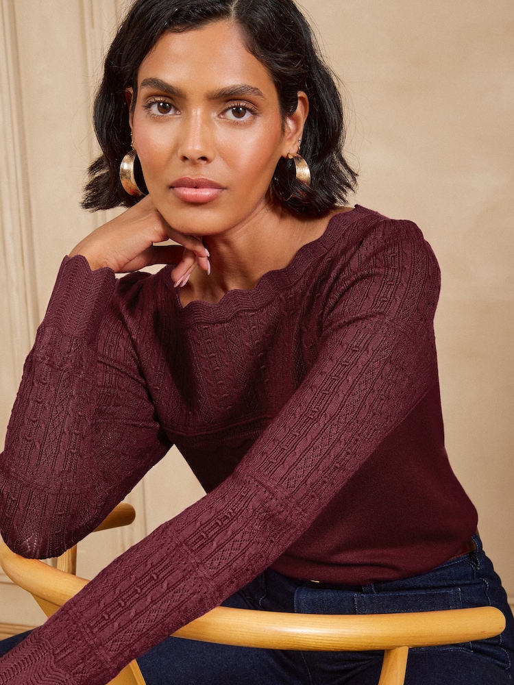 Love & Roses Burgundy Red Petite Scalloped Boat Neck Long Sleeve Knitted Jumper - Image 4 of 4 Love & Roses Burgundy Red Petite Scalloped Boat Neck Long Sleeve Knitted Jumper - Image 4 of 4