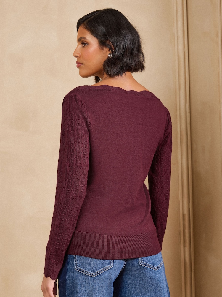 Burgunderrot - Love & Roses Scalloped Boat Neck Long Sleeve Knitted Jumper - Bild 5 von 5
