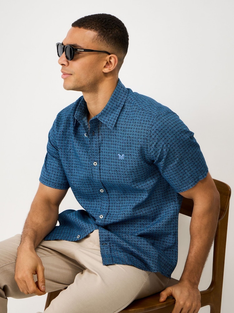 Crew Clothing Blue Short Sleeve Geo Printed Linen Blend Shirt - Image 1 of 5 Crew Clothing Blue Short Sleeve Geo Printed Linen Blend Shirt - Image 1 of 5