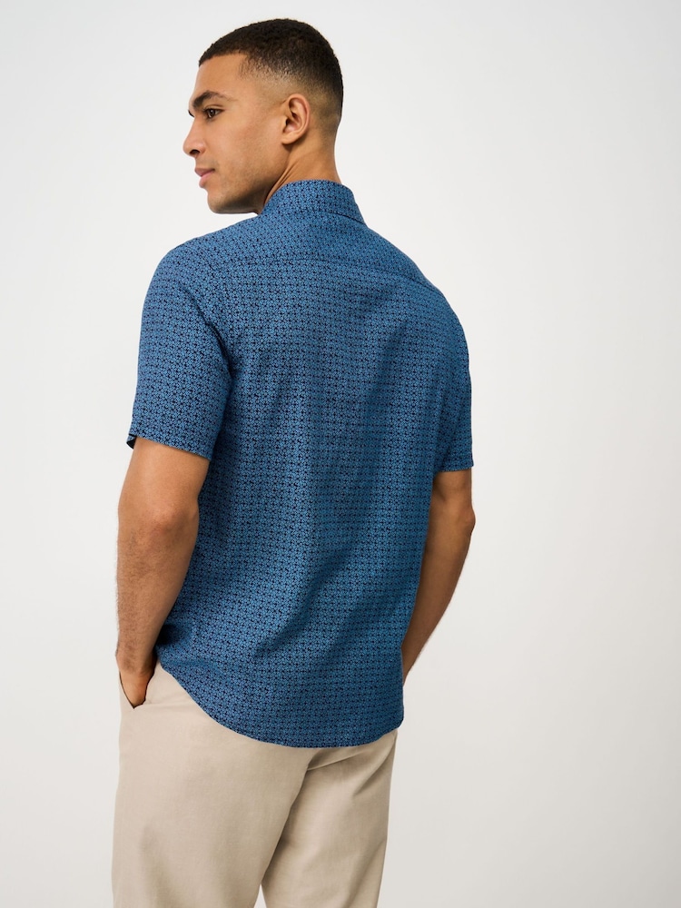 Crew Clothing Blue Short Sleeve Geo Printed Linen Blend Shirt - Image 2 of 5 Crew Clothing Blue Short Sleeve Geo Printed Linen Blend Shirt - Image 2 of 5