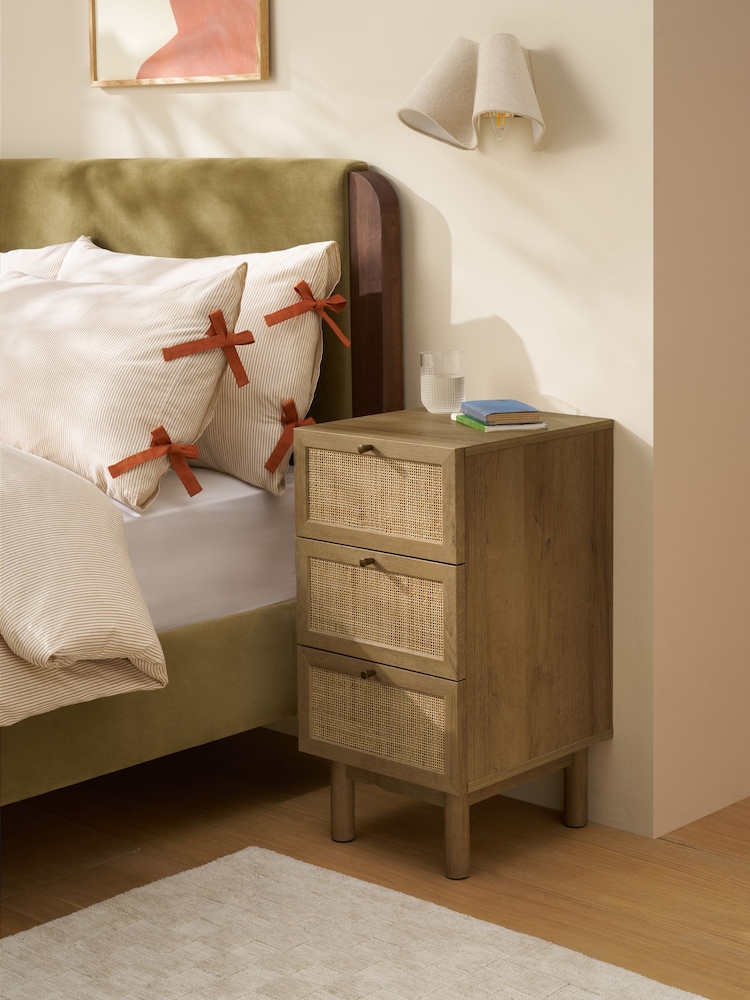 MADE.COM Oak Effect Pavia Rattan 3 Drawer Bedside Table - Image 1 of 6