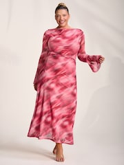 Jolie Moi Pink Long Sleeve Slash Neck Mesh Maxi Dress - Image 4 of 6