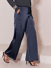 Lipsy Navy Satin Tie Waist Cargo Trousers - Image 1 of 6