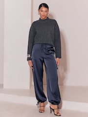 Lipsy Navy Satin Tie Waist Cargo Trousers - Image 2 of 6