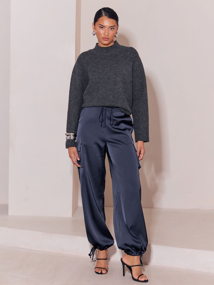 Lipsy Navy Satin Tie Waist Cargo Trousers - Image 2 of 6