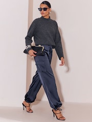 Lipsy Navy Satin Tie Waist Cargo Trousers - Image 4 of 6