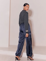 Lipsy Navy Satin Tie Waist Cargo Trousers - Image 6 of 6