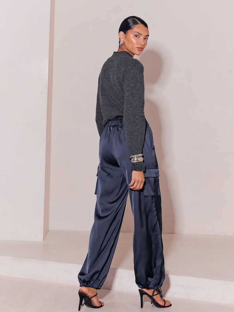 Lipsy Navy Satin Tie Waist Cargo Trousers - Image 6 of 6