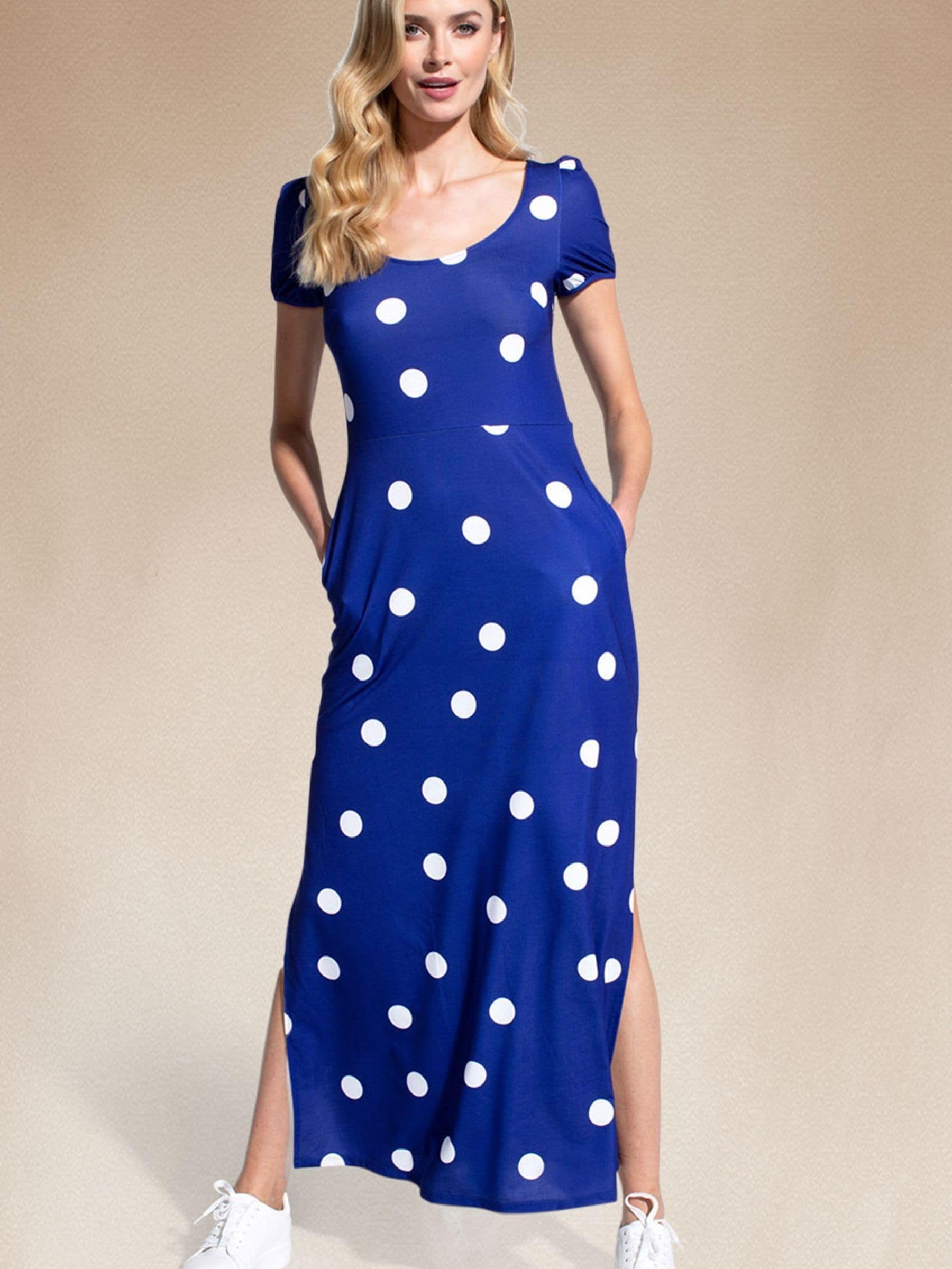 Hotsquash Orange/Blue Split Hem Scoop Neck Maxi Dress - Navy Polka Dot - 8 - Image 3