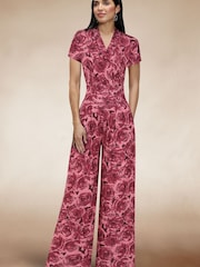Hot Squash V-Neck Wide Leg Pink Jumpsuit with Cap Sleeves - Image 1 of 4