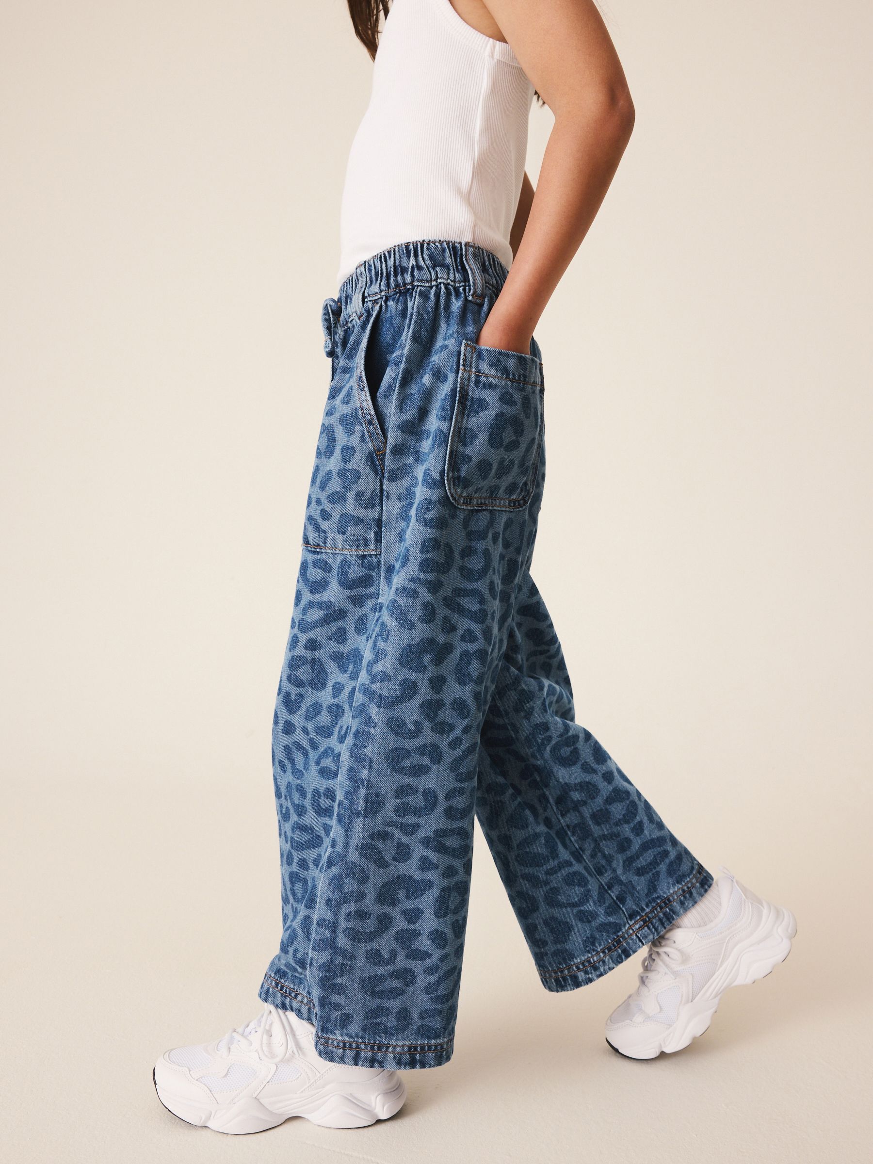 Buy Leopard Print Denim Pull On Wide Leg Trousers (3-16yrs) from