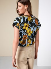 Blue/Yellow Floral Print Textured V-Neck Tie Front Short Sleeve Top - Image 4 of 8