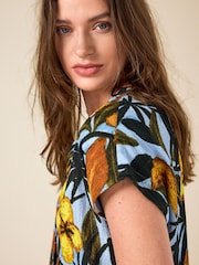 Blue/Yellow Floral Print Textured V-Neck Tie Front Short Sleeve Top - Image 5 of 8