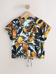 Blue/Yellow Floral Print Textured V-Neck Tie Front Short Sleeve Top - Image 6 of 8
