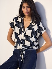 Geo Print Textured V-Neck Tie Front Short Sleeve Top - Image 1 of 8