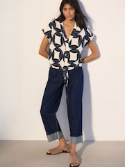 Geo Print Textured V-Neck Tie Front Short Sleeve Top - Image 2 of 8