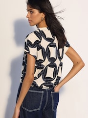 Geo Print Textured V-Neck Tie Front Short Sleeve Top - Image 4 of 8