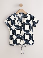Geo Print Textured V-Neck Tie Front Short Sleeve Top - Image 6 of 8
