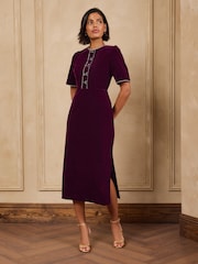 Love & Roses Burgundy Red Tailored Bow Embelished Velvet Midi Dress - Image 1 of 5